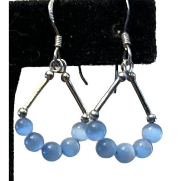 Vintage Sterling Silver Blue Cat’s Eye Beads Earrings Drop Dangle MC 925 - Picture 2 of 5